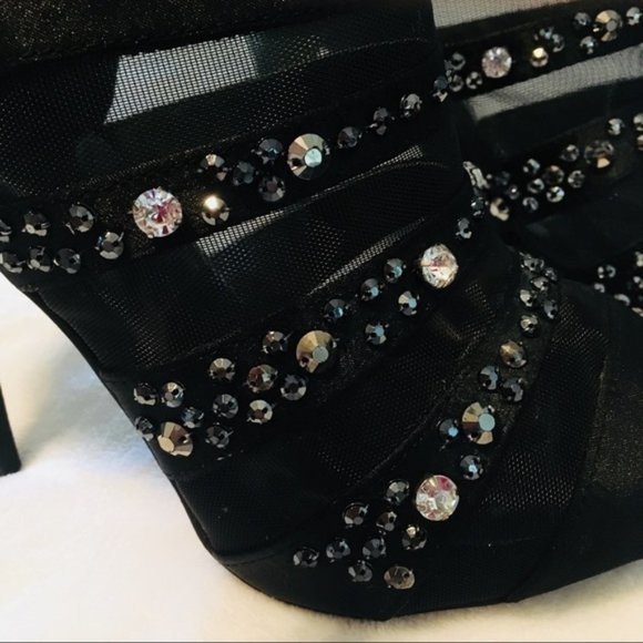 Jeweled and Mesh Black Peep Toe Bootie High Heel | New Years | Celebration 🍾 - Picture 2 of 7